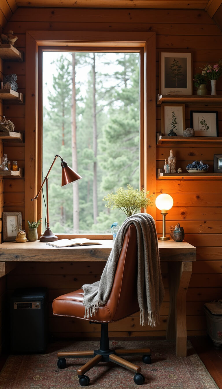 Cozy cabin office nook with floating reclaimed wood desk under window, vintage leather chair with wool throw, copper lamp, ceramic pencil holder, and open shelves displaying crystals, dried flowers, and botanical prints, bathed in late afternoon light overlooking a pine forest.