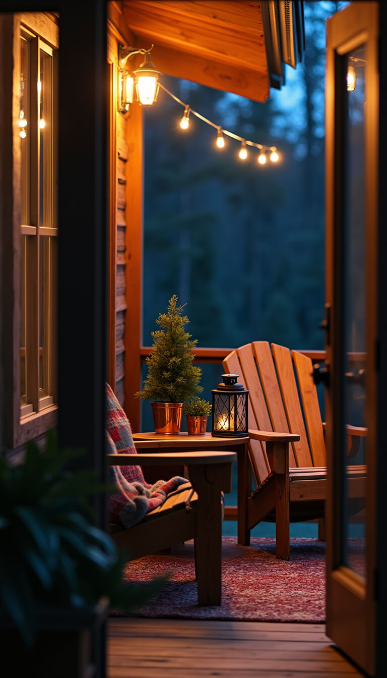 Cozy twilight cabin porch with Adirondack chairs under string lights, plaid blankets, vintage lanterns, and potted evergreens, viewed from interior doorway highlighting indoor-outdoor transition.
