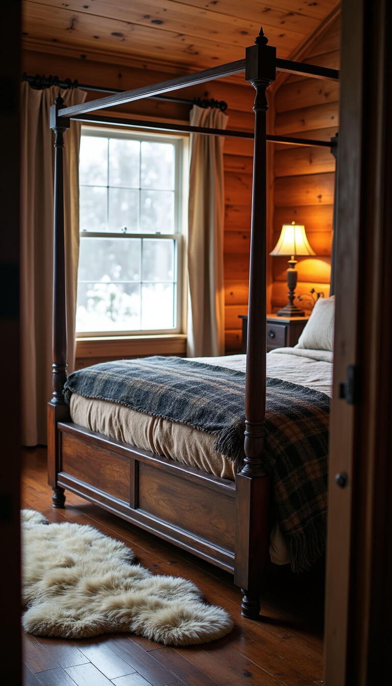 Cozy winter cabin bedroom with four-poster bed, wool blankets, sheepskin rug, vintage trunk nightstand, and snow visible through window.