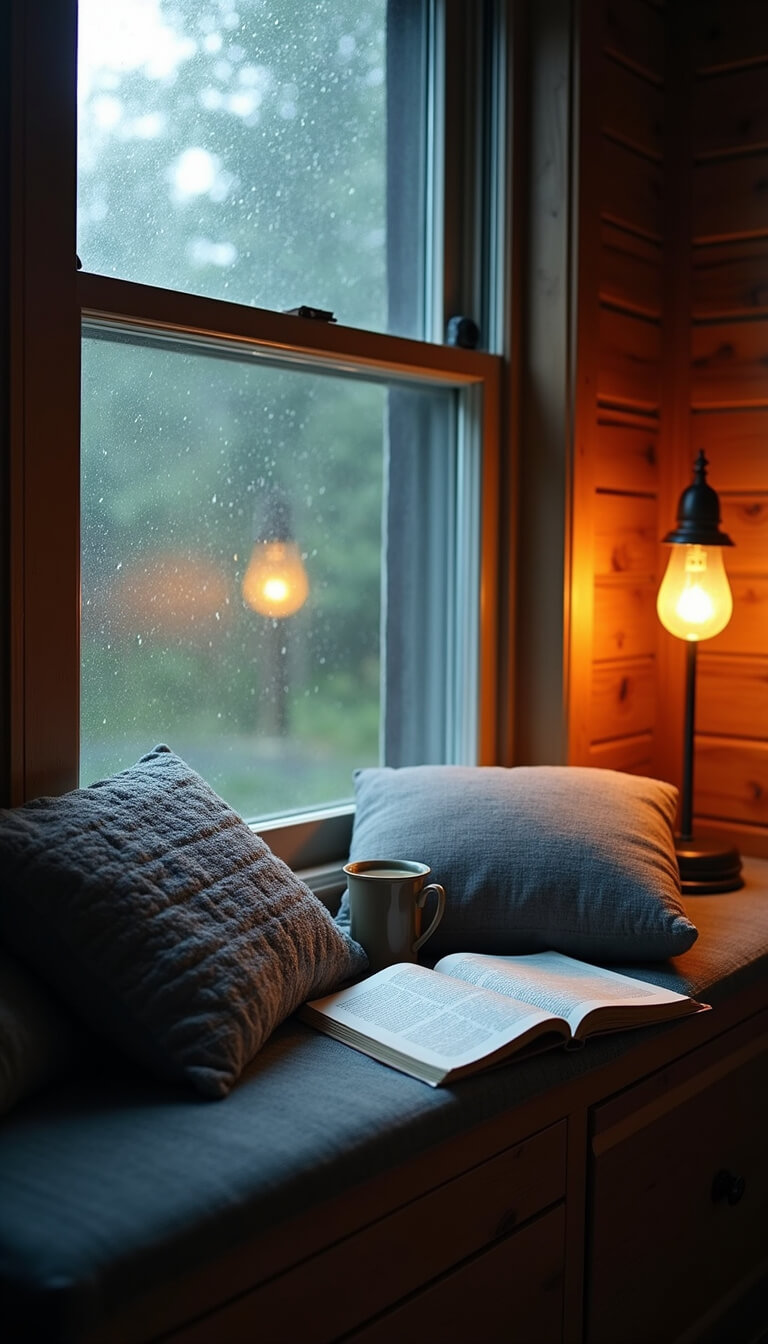 Cozy cabin interior on a rainy afternoon with a window seat featuring textured pillows, an open book, and a steaming mug on the windowsill; raindrops on glass and warm light from a vintage floor lamp create a moody, comforting atmosphere in slate blue, gray, and copper tones.