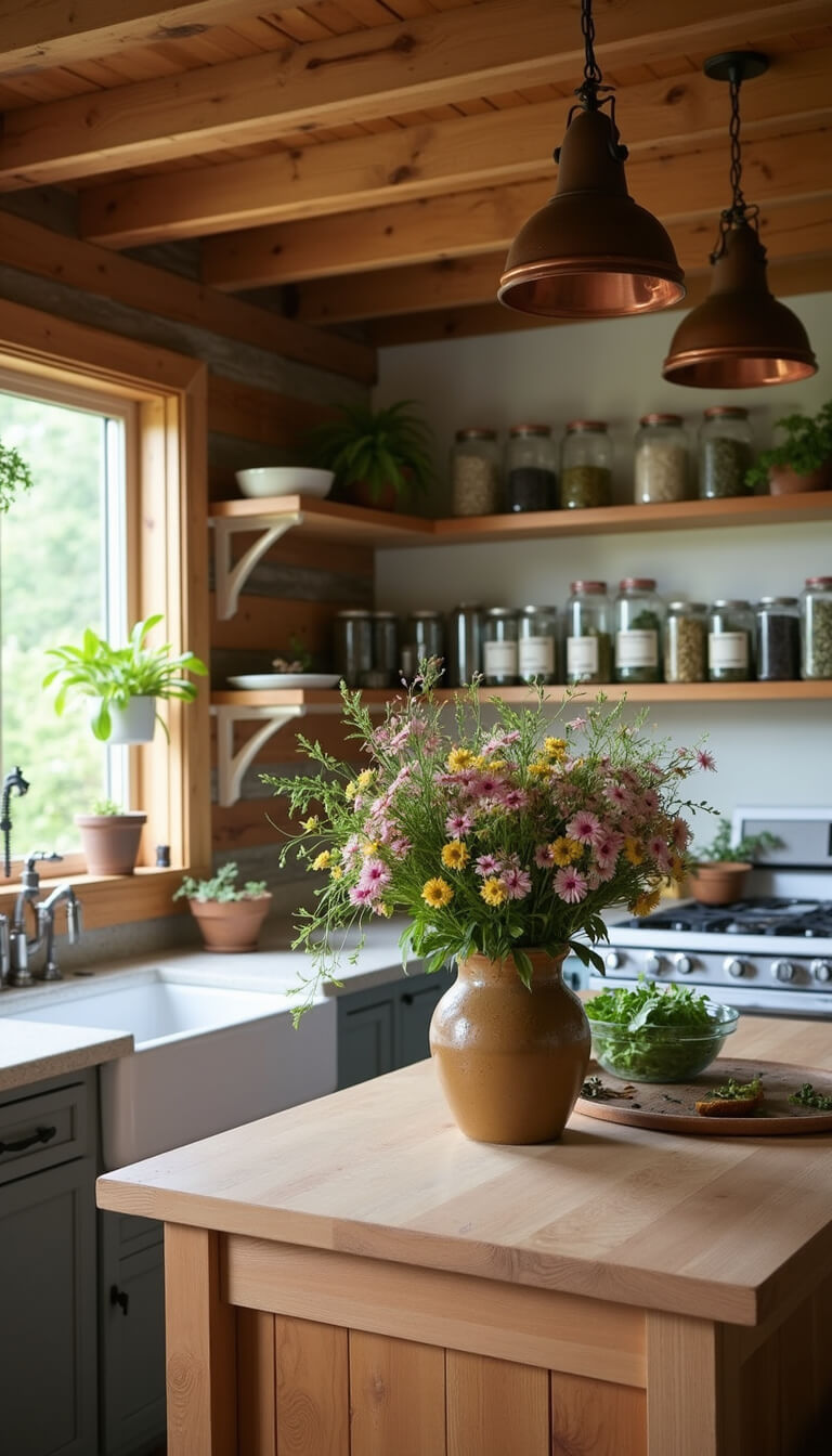 Cozy summer evening cabin kitchen viewed through herb garden window, featuring open shelves with mason jars, dried herbs hanging from ceiling beam, butcher block island with copper pendant lights, and wildflowers in a pottery vase.