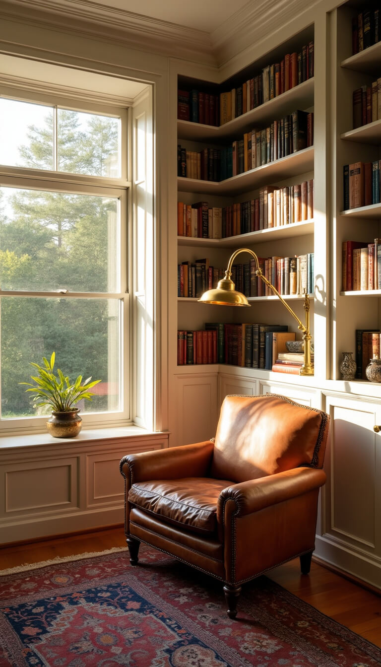 Sunlit library alcove with white floor-to-ceiling shelves, color-organized books, vintage leather armchair under brass reading lamp, and Persian rug, viewed from low angle highlighting warm textures and golden hour light.