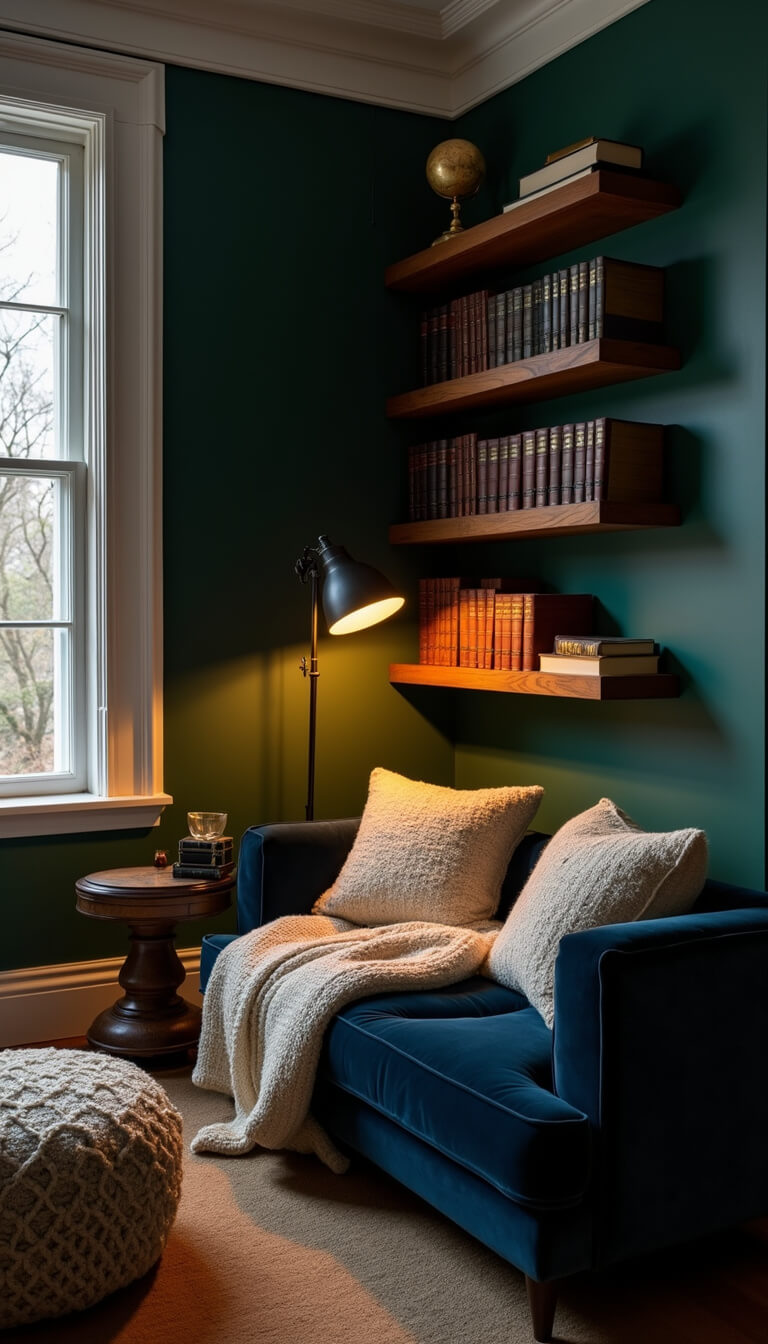 Victorian library corner with dark emerald walls, navy velvet sofa, walnut shelves, and warm moody lighting.