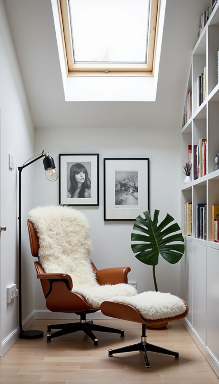 Minimalist Scandinavian reading nook under stairs with white bookcases, cognac Eames chair, black floor lamp, and fiddle leaf fig in bright skylight.