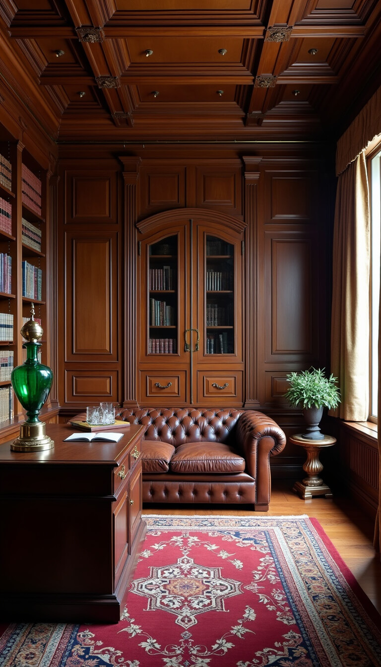 Elegant classic gentleman's library with coffered ceiling, mahogany built-ins, leather Chesterfield sofa, and dramatic side lighting.