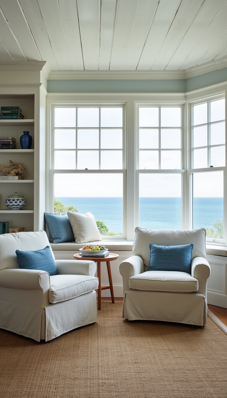 Bright, airy coastal library living room with ocean view, featuring slipcovered linen armchairs, built-in window seat, jute and seagrass rugs, and blue and white decor.