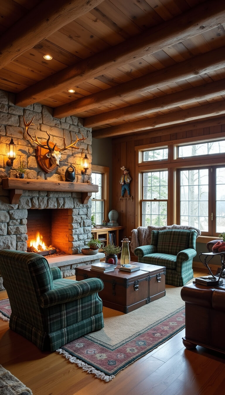 Cozy rustic mountain cabin library with exposed beams, stone fireplace, forest green plaid wingback chairs, antique trunk coffee table, Navajo blankets, antlers, vintage ski decor, and warm firelight mixed with natural light.