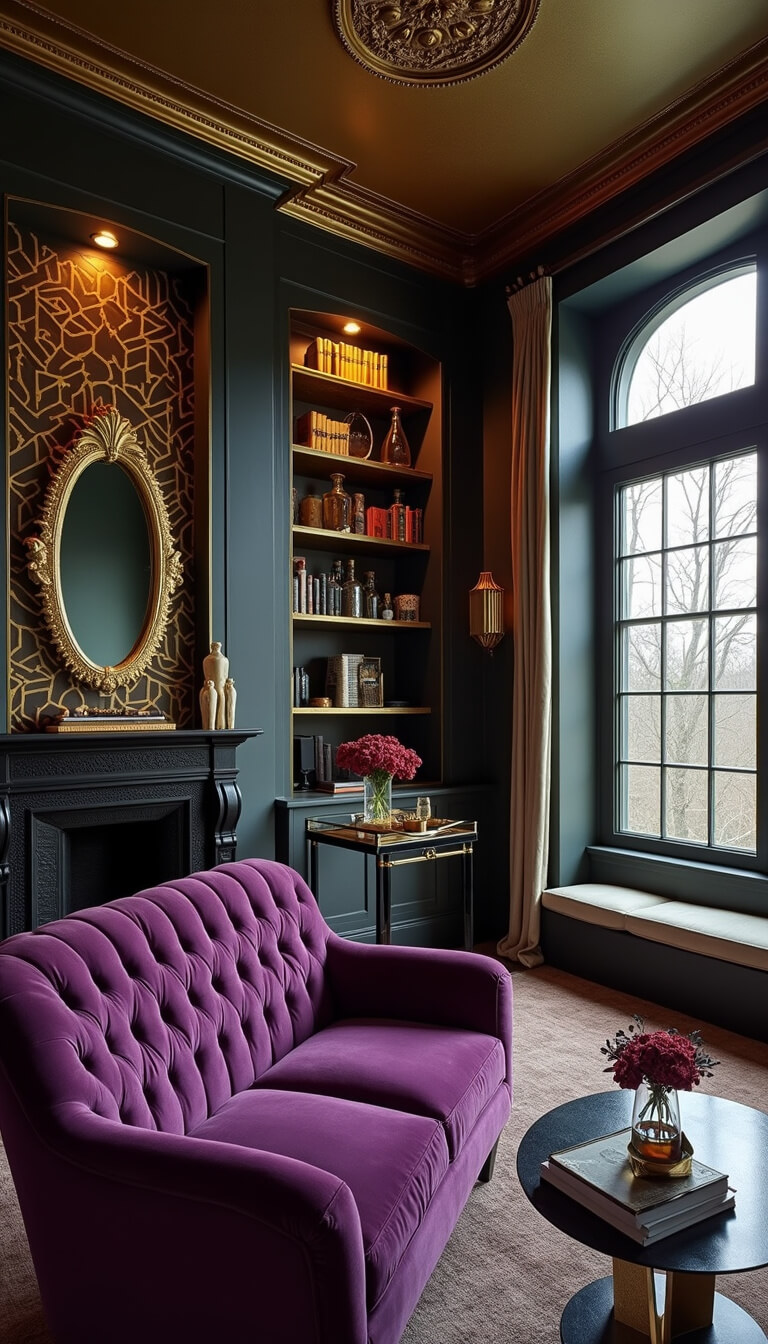 Art Deco library den with geometric brass and glass shelves, deep purple velvet sofa, sunburst mirror above fireplace, black and gold bar cart, and moody dramatic lighting.