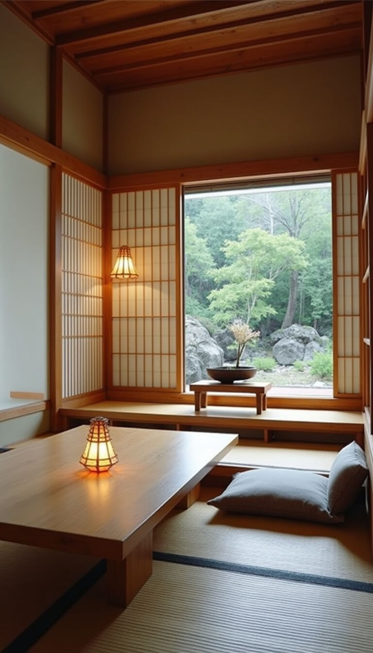 Japanese minimalist reading room with tatami mats, low wooden platform seating, bamboo shelves, ikebana on a low table, shoji screens revealing zen rock garden, and soft natural light illuminating the space.