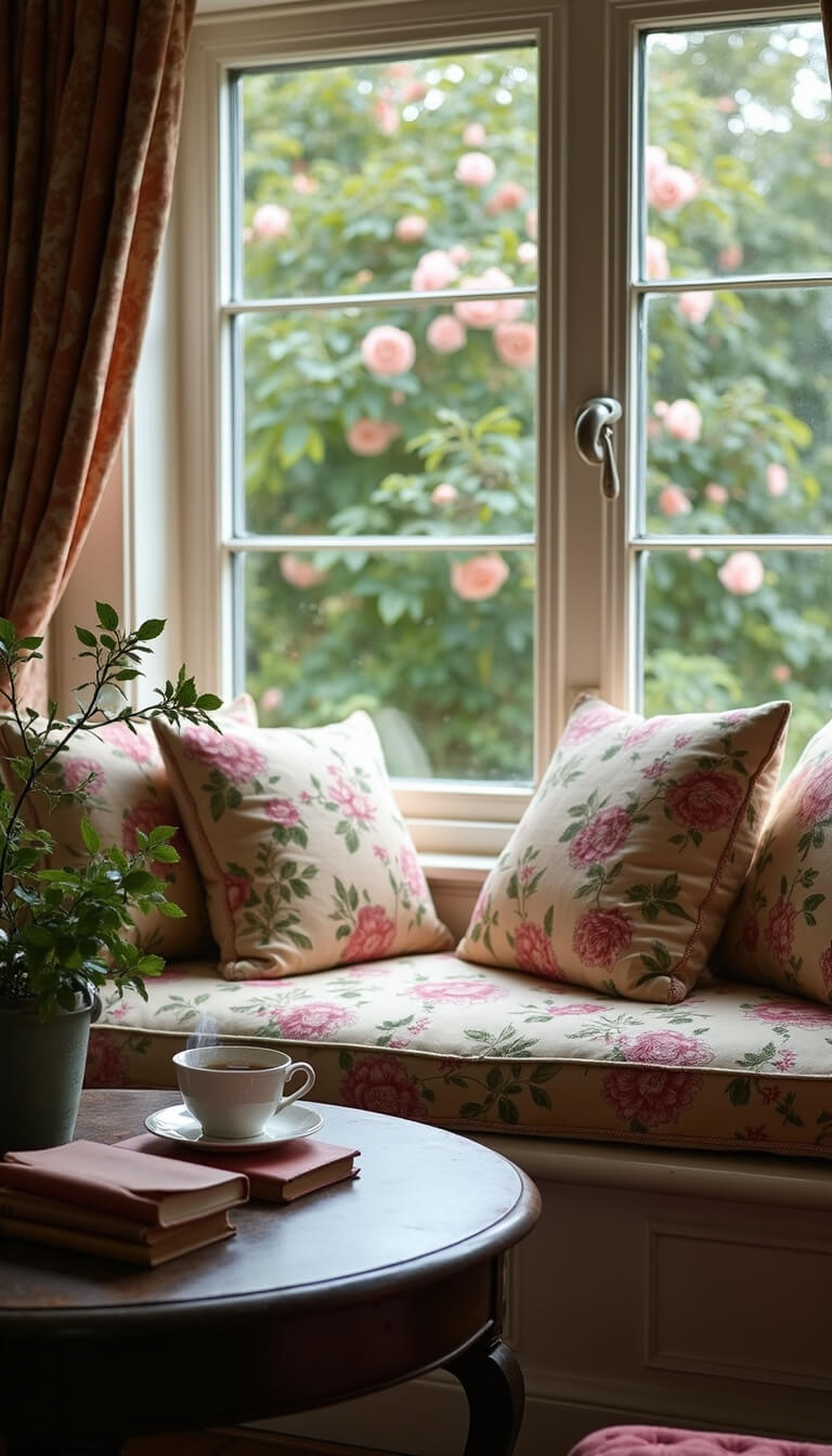Cozy English cottage library nook with window seat, floral cushions, steaming cup of tea on weathered table, and vintage books, bathed in soft morning light through leaded glass windows framed by climbing roses.