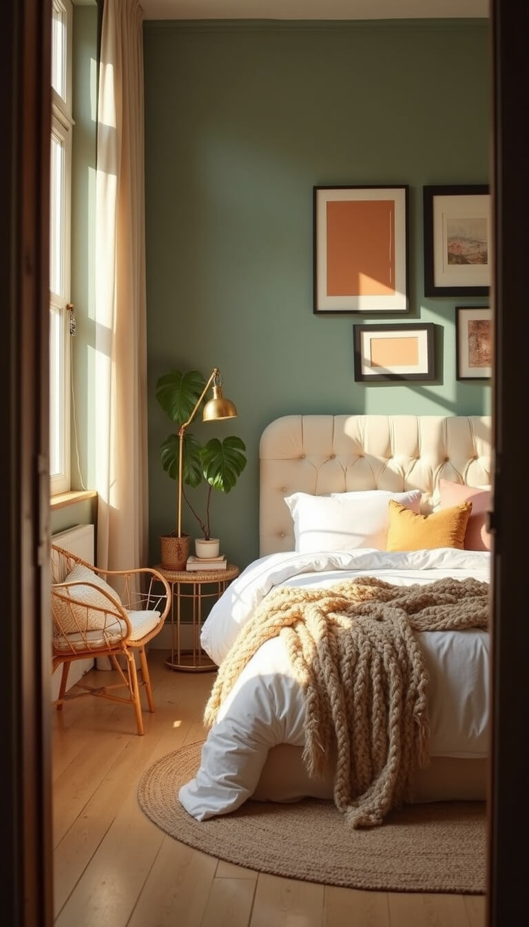 Cozy sunlit bedroom with arched headboard bed, layered linens, rattan chair, and natural decor elements.