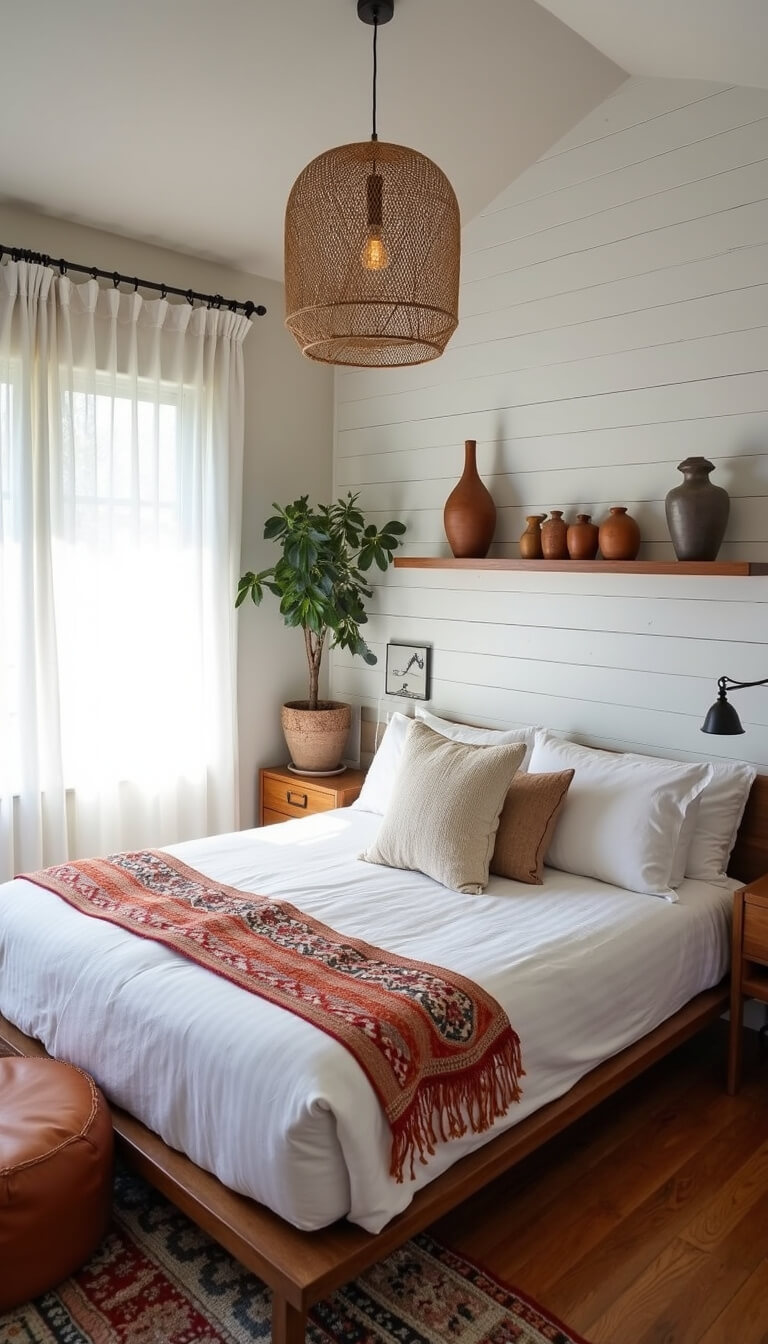 Mid-century modern boho bedroom with vaulted ceilings, walnut platform bed, Moroccan blanket, rattan pendant, ceramic vessels, and kilim rug in warm morning light.
