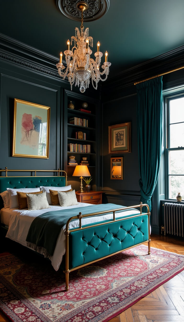Moody maximalist bedroom with emerald velvet bed, dark charcoal walls, vintage chandelier, layered Persian rugs, and styled floor-to-ceiling bookshelves.
