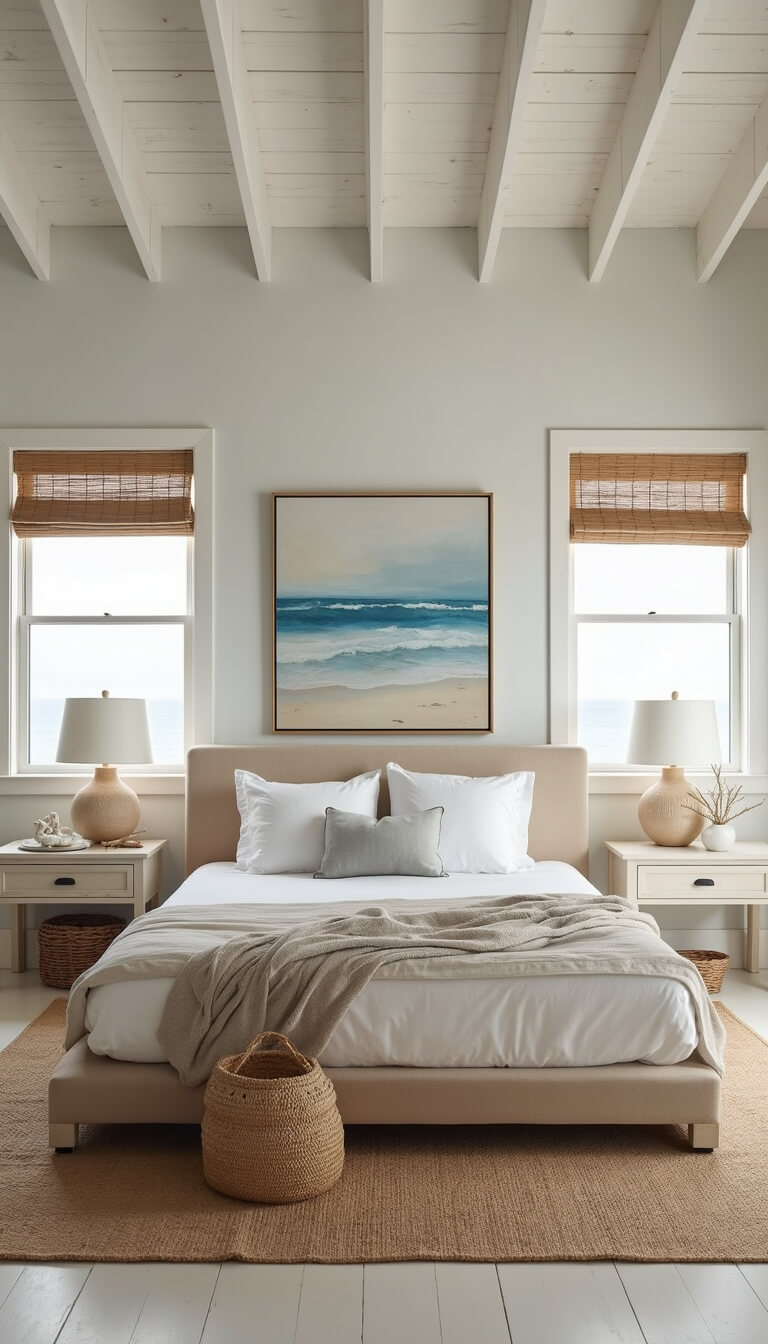 Minimal coastal bedroom with white beams, linen bed, bamboo-filtered light, seascape art, and natural textures.
