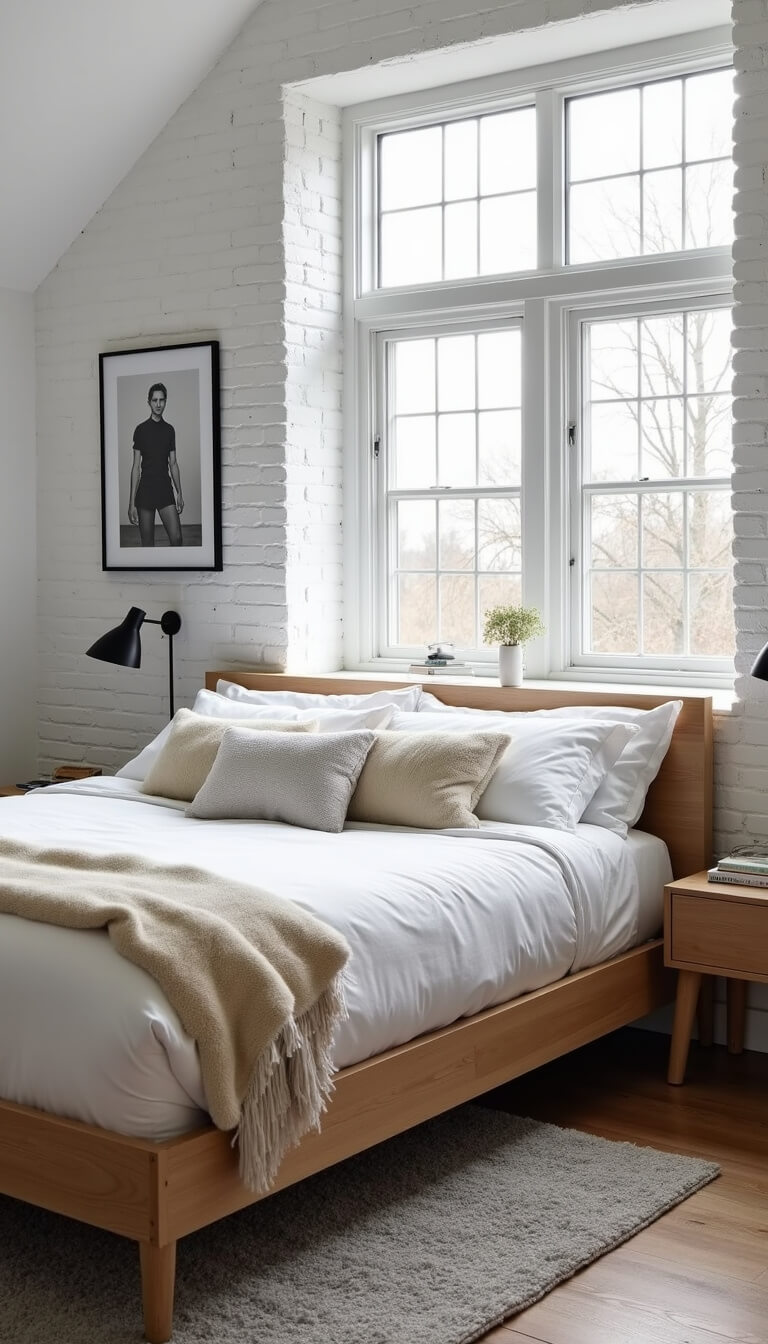 Scandinavian bedroom with pale oak platform bed, white brick wall, large dormer window, black and white photo gallery, sheepskin throws, and gray wool rug.