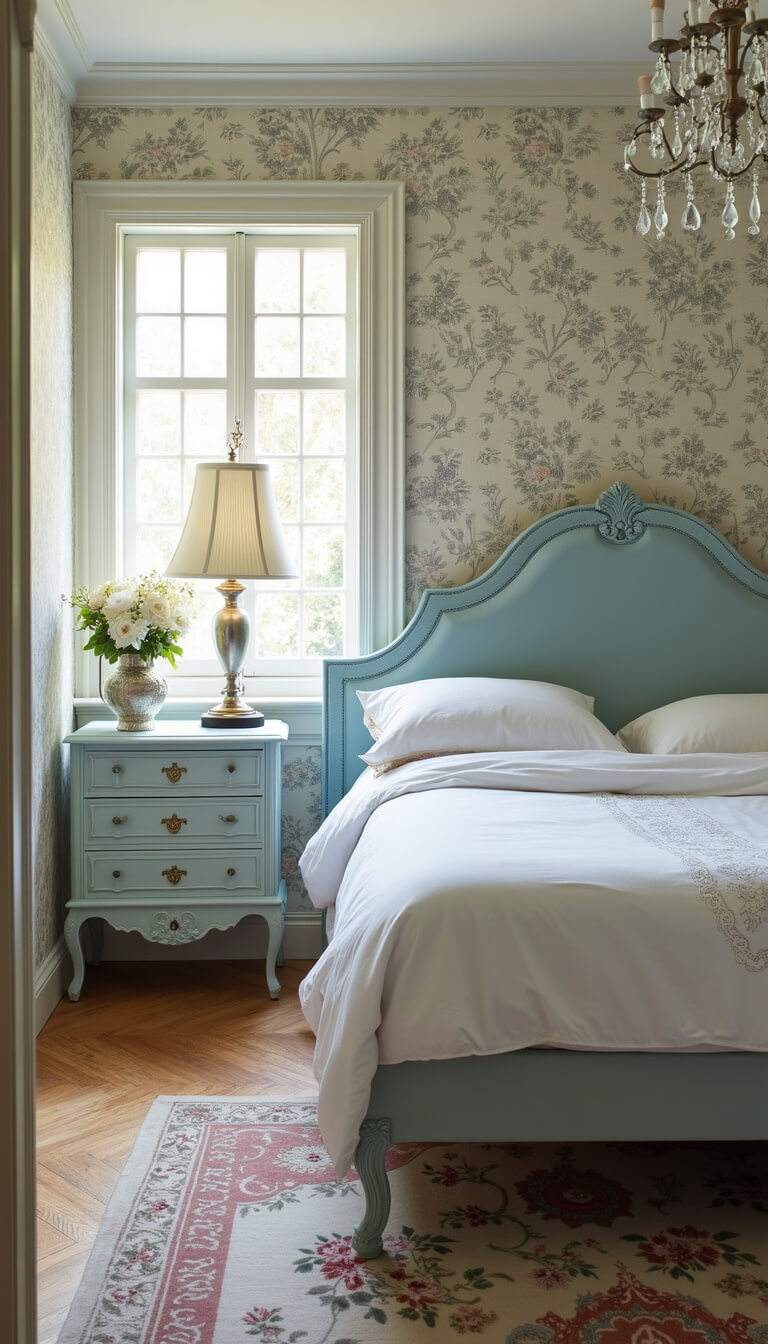 French country bedroom with powder blue headboard, toile wallpaper, crystal chandelier, and vintage details in soft afternoon light.