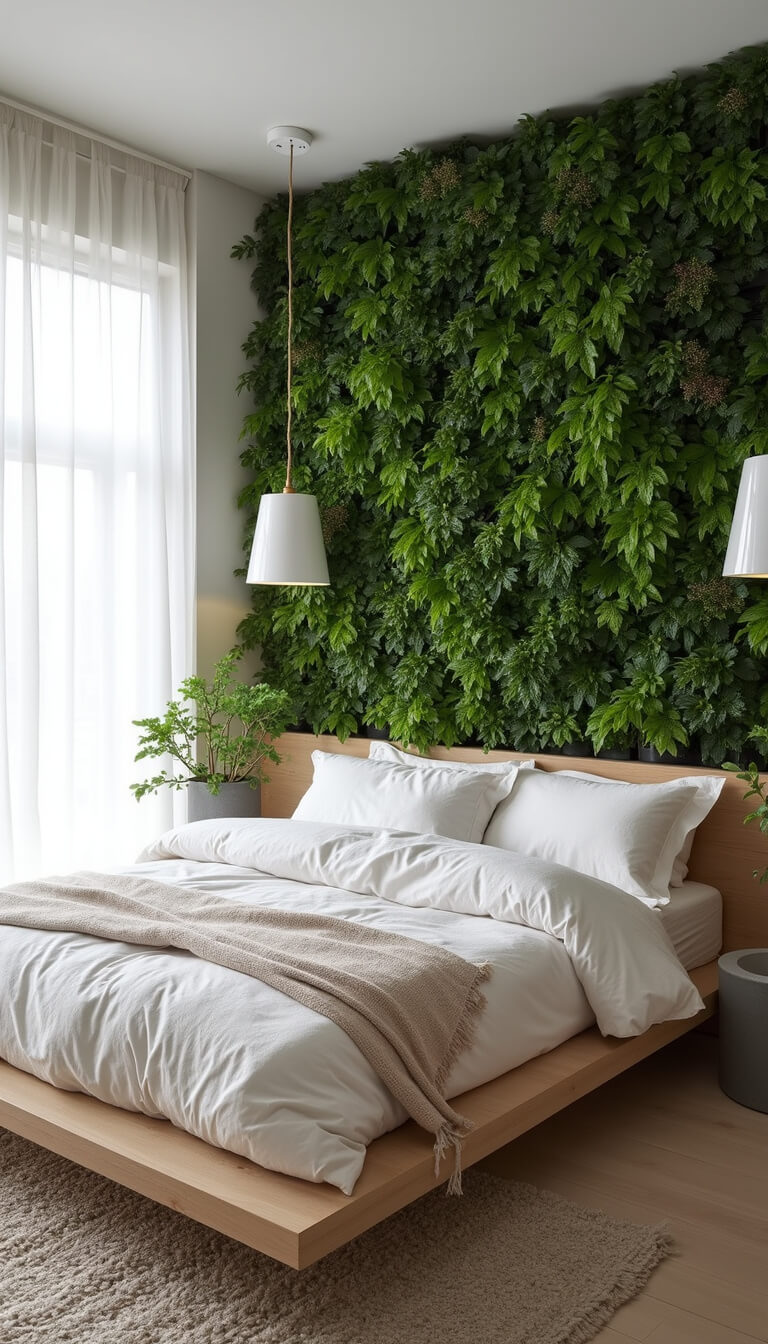 Modern organic bedroom with floor-to-ceiling windows, sheer white drapes, bleached oak platform bed, white linen bedding, green living wall, ceramic pendant lights, concrete side tables, and undyed wool rug, viewed from above.