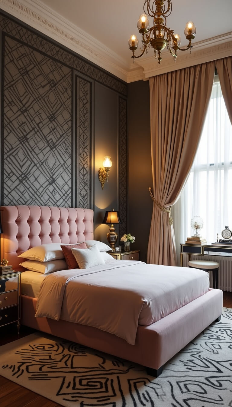 Art Deco bedroom with blush velvet tufted bed, geometric wallpaper, mirrored nightstands, silk drapery, and evening lighting from gold sconces.
