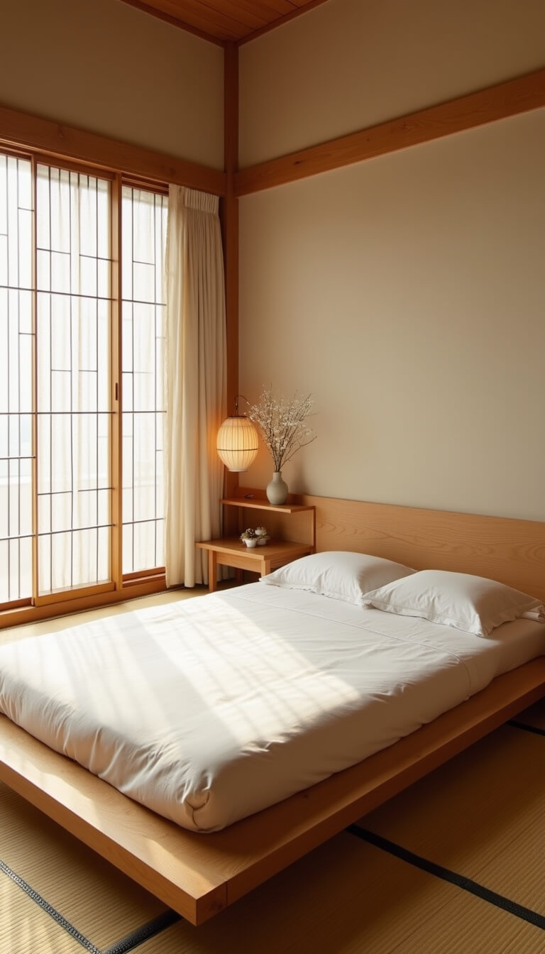 Japanese minimalist bedroom with low oak futon bed, white bedding, shoji screens, tatami mats, ikebana on floating shelf, and soft dawn light through bamboo shade.
