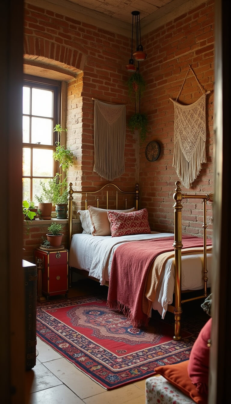 Bohemian artist's bedroom with exposed brick wall, vintage brass bed, layered Moroccan rugs, macrame wall hanging, hanging plants, jewel-toned floor cushions, and vintage trunk nightstand bathed in golden hour light.