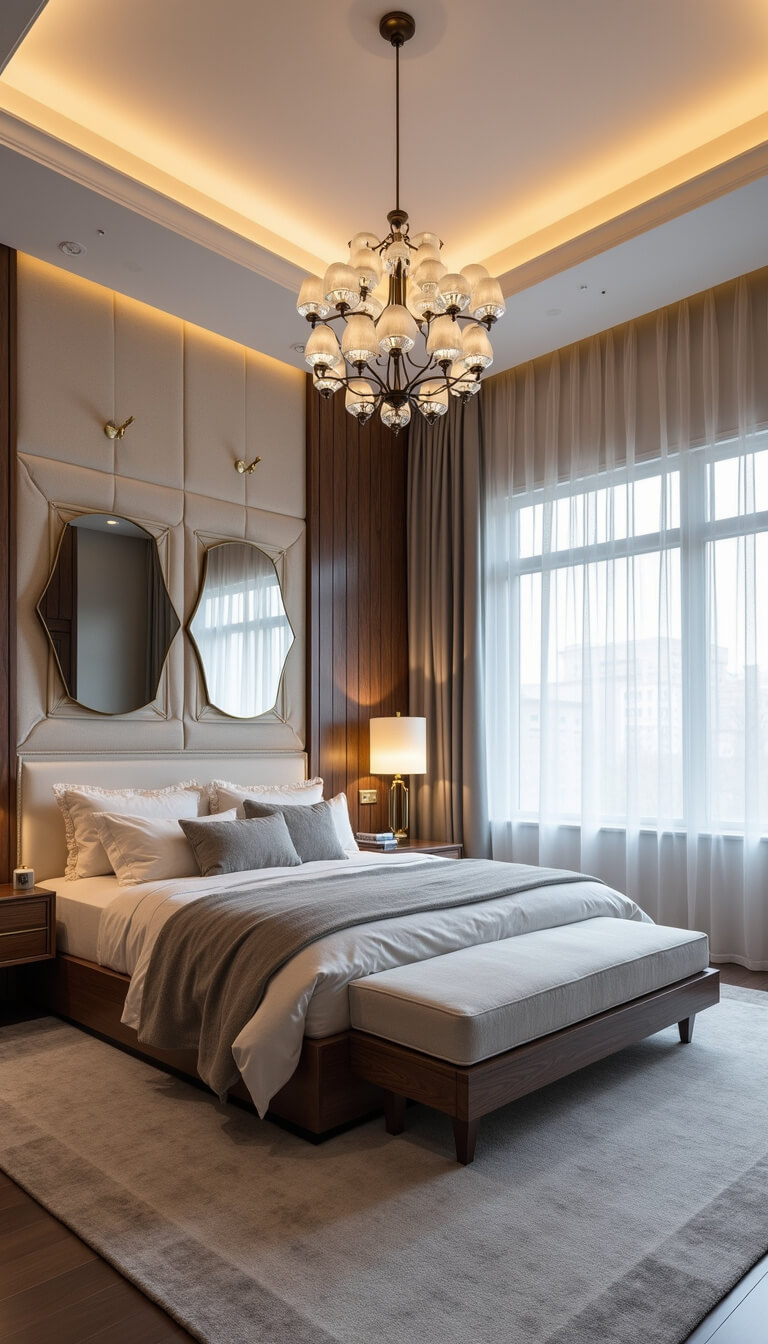 Contemporary luxe bedroom with tray ceiling, king bed, ivory bouclé headboard, floating walnut nightstands, brass mirrors, pearl grey silk carpet, modern chandelier, and ambient LED lighting.