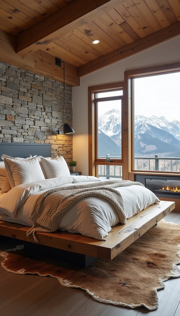 Mountain modern bedroom with platform bed and chunky knit bedding, large picture windows showing snow-capped peaks in morning light, stone fireplace, and rustic decor elements.