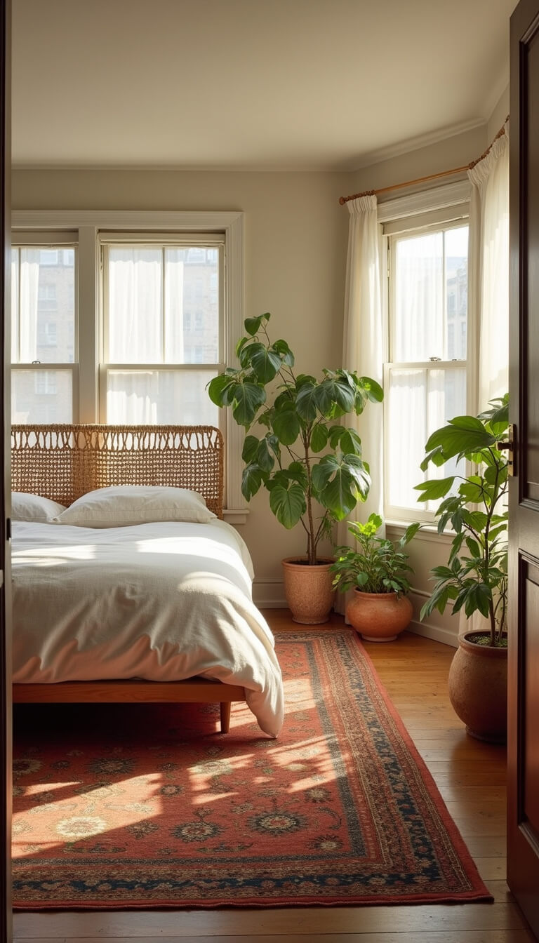 Sunlit bedroom with platform bed, macramé headboard, layered vintage rugs, and plants by large bay windows filtering golden morning light.