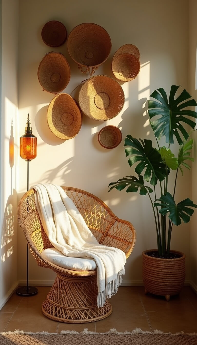 Boho bedroom corner at golden hour with rattan peacock chair, cream Moroccan blanket, brass floor lamp, vintage wall baskets, and large monstera casting shadows.