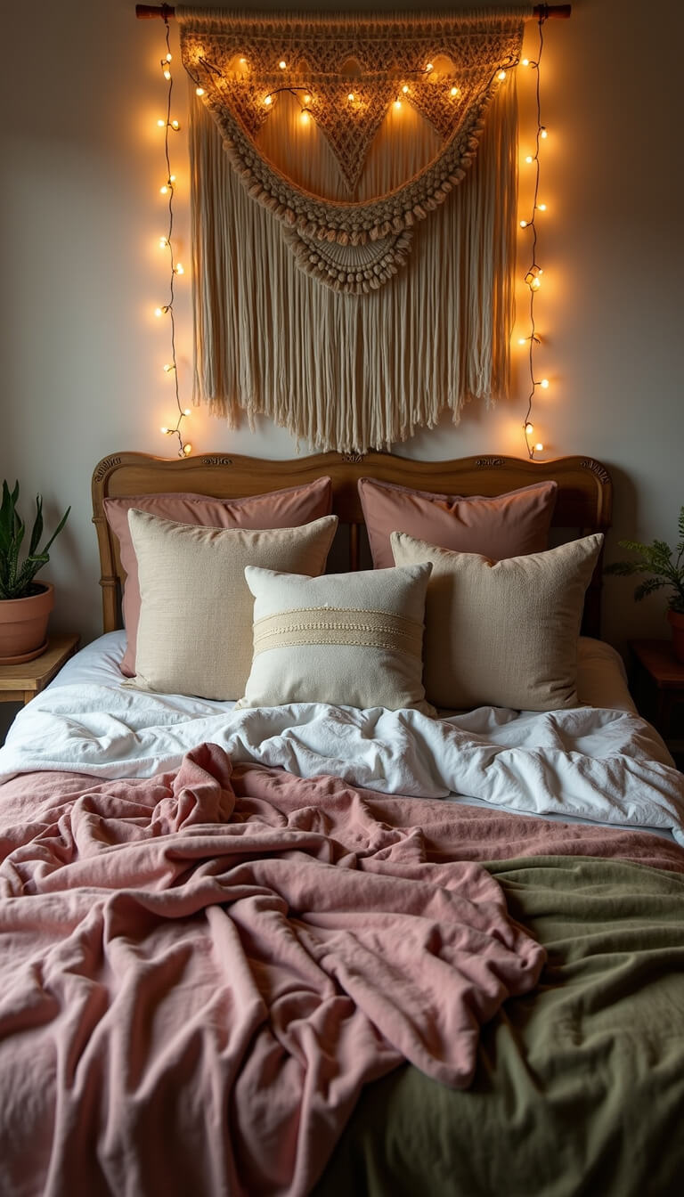 Overhead view of a cozy 10x12ft bedroom with a carved wooden bed frame, layered dusty rose and olive green linen bedding, seven textured pillows, a large macramé wall hanging, and warm copper string lights, lit by natural afternoon light.