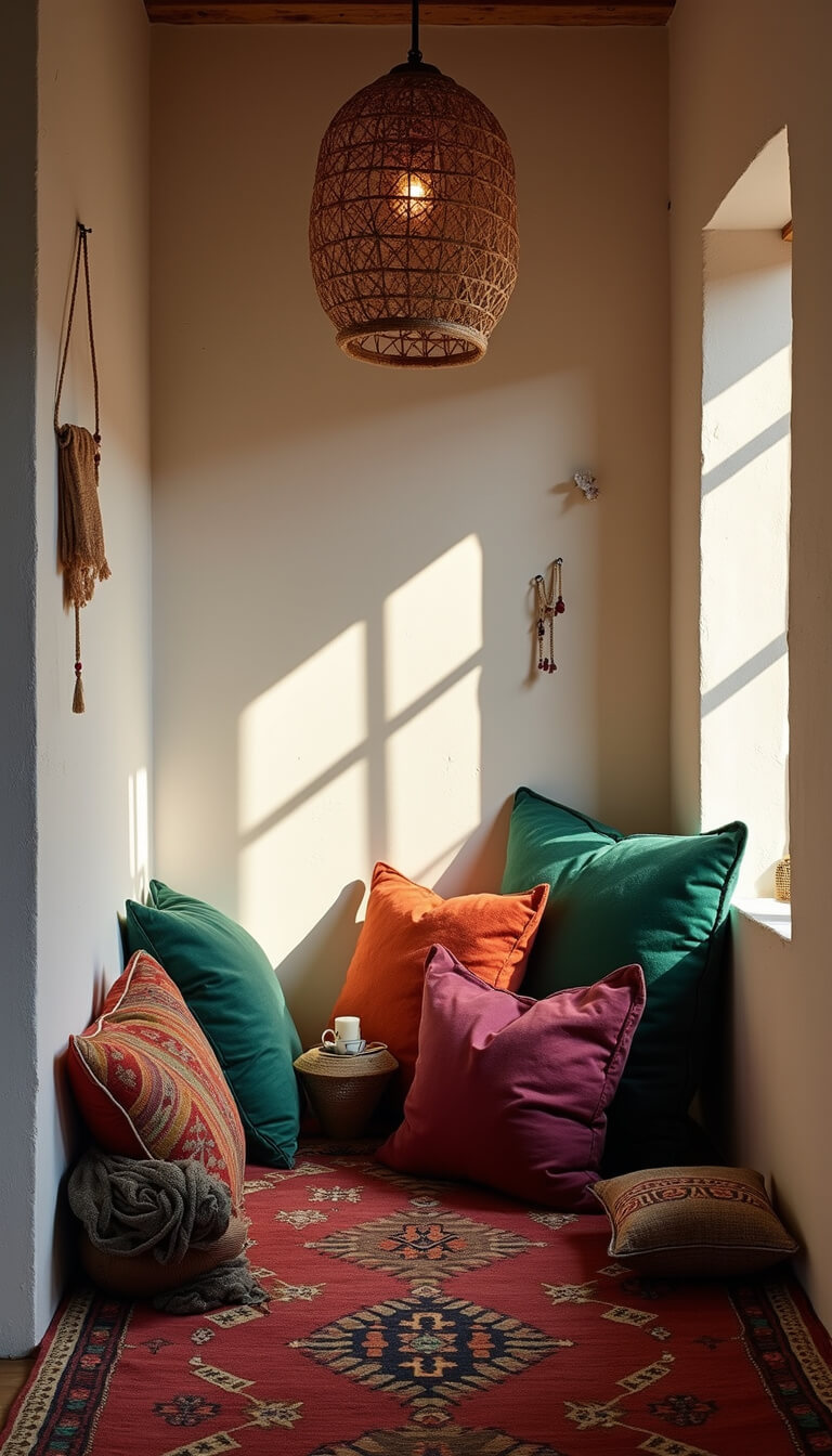 Cozy meditation nook with jewel-toned floor cushions on a vintage rug, soft candlelight and pendant shadows on whitewashed walls, accented with incense holders and patterned pillows.
