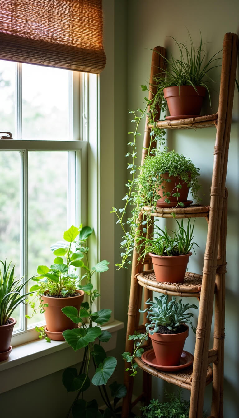 Layered indoor plant display in alcove with terracotta pots, trailing ivy, and succulents on rattan stand and vintage ladder, filtered morning light through bamboo shade.