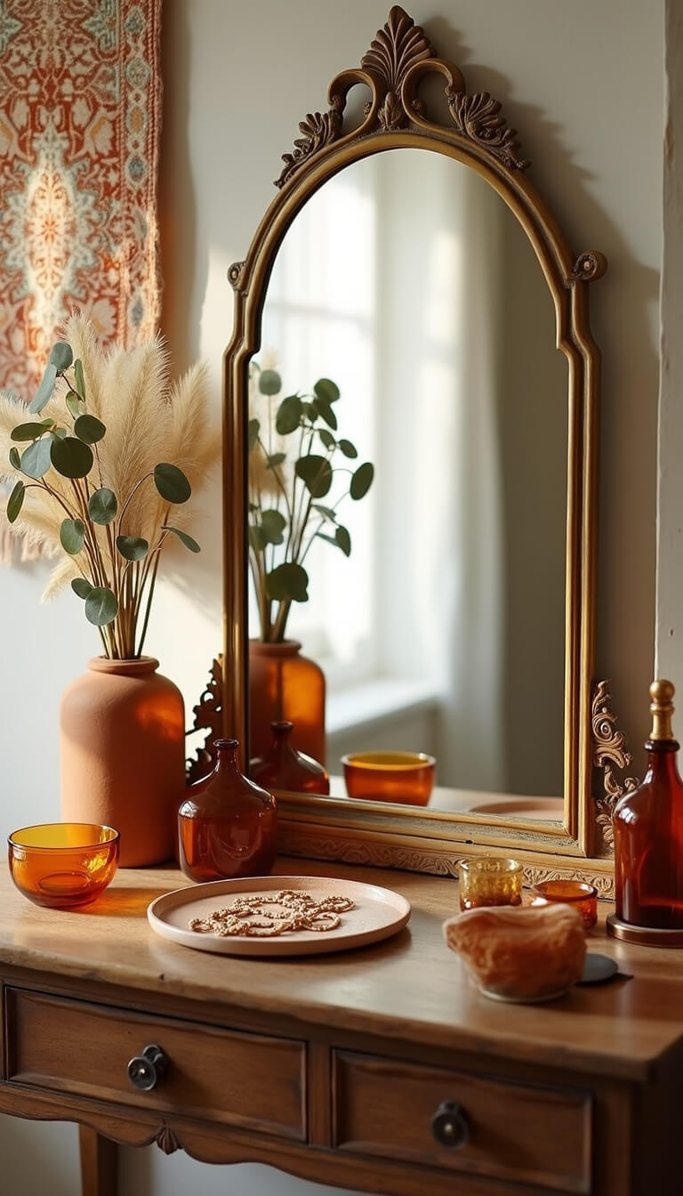 Boho vanity corner with vintage brass mirror, rustic console, amber glass, ceramics, dried botanicals, and embroidered wall hanging in soft natural light.