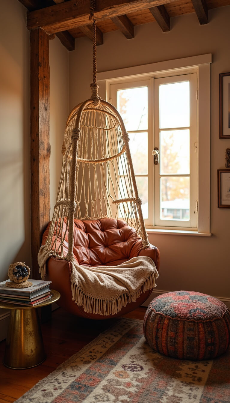 Cozy reading nook in small bedroom corner with hanging macramé chair, leather floor cushion, rust and cream throw, vintage kilim pouf, brass side table, art books, and crystals, lit by warm sunset light.