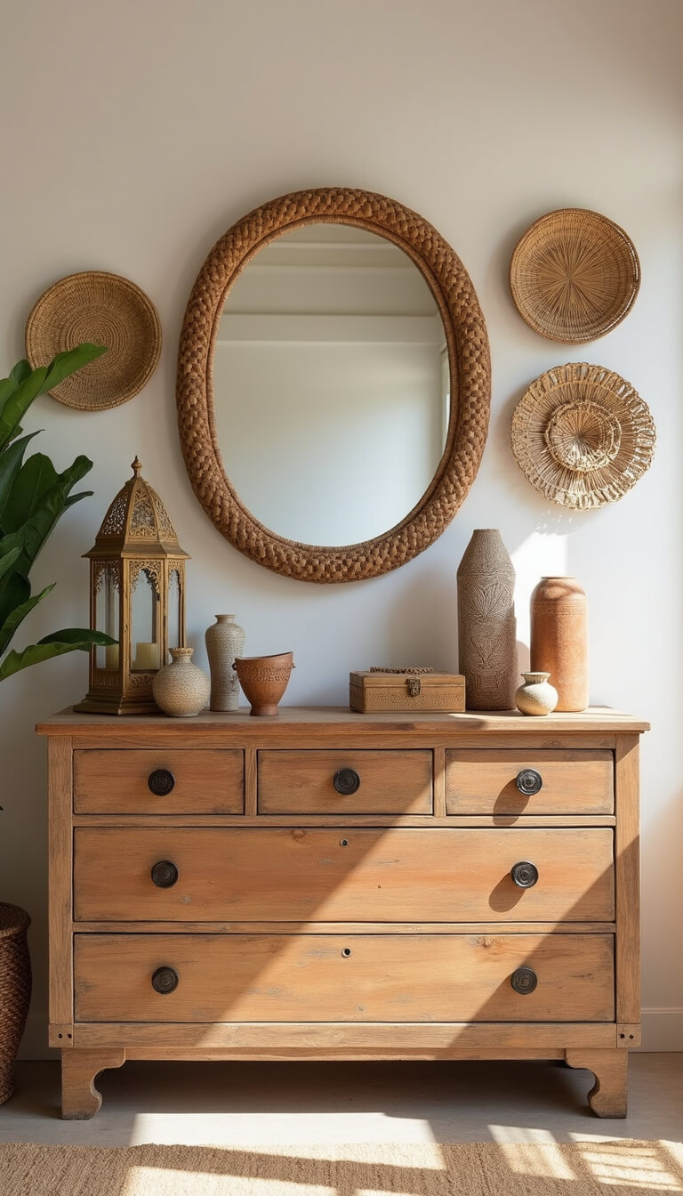 Weathered teak dresser with global artifacts, rattan mirror, and woven wall baskets in desert-inspired palette, captured in bright natural light.