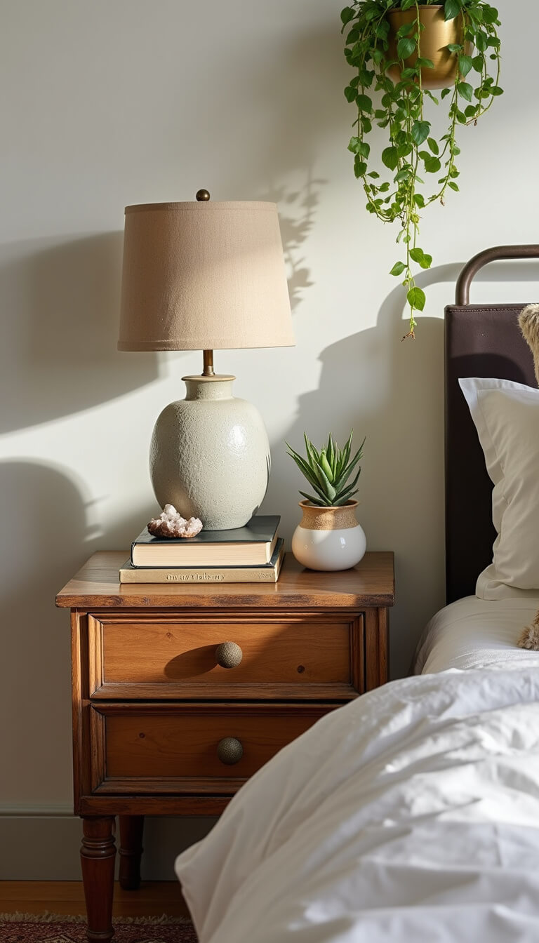 Bedside corner with reclaimed wood nightstand, ceramic lamp, vintage books, crystal clusters, air plants, brass hanging planter with pothos, and Moroccan rug in soft dawn light.