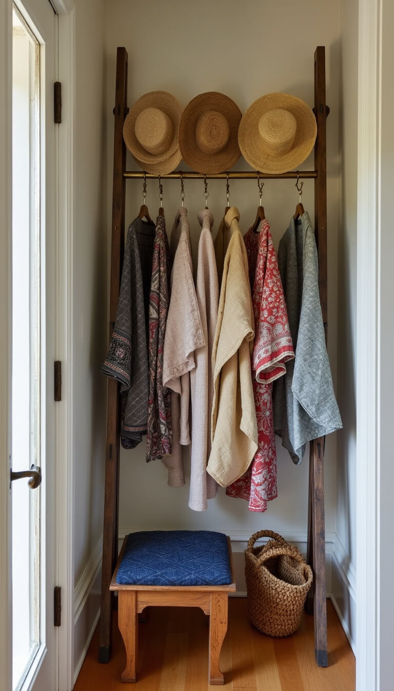 Vintage dressing area with ladder wardrobe displaying kimonos, scarves, and jackets; brass hooks hold hats and bags; carved stool with indigo cushion; bathed in afternoon side light.