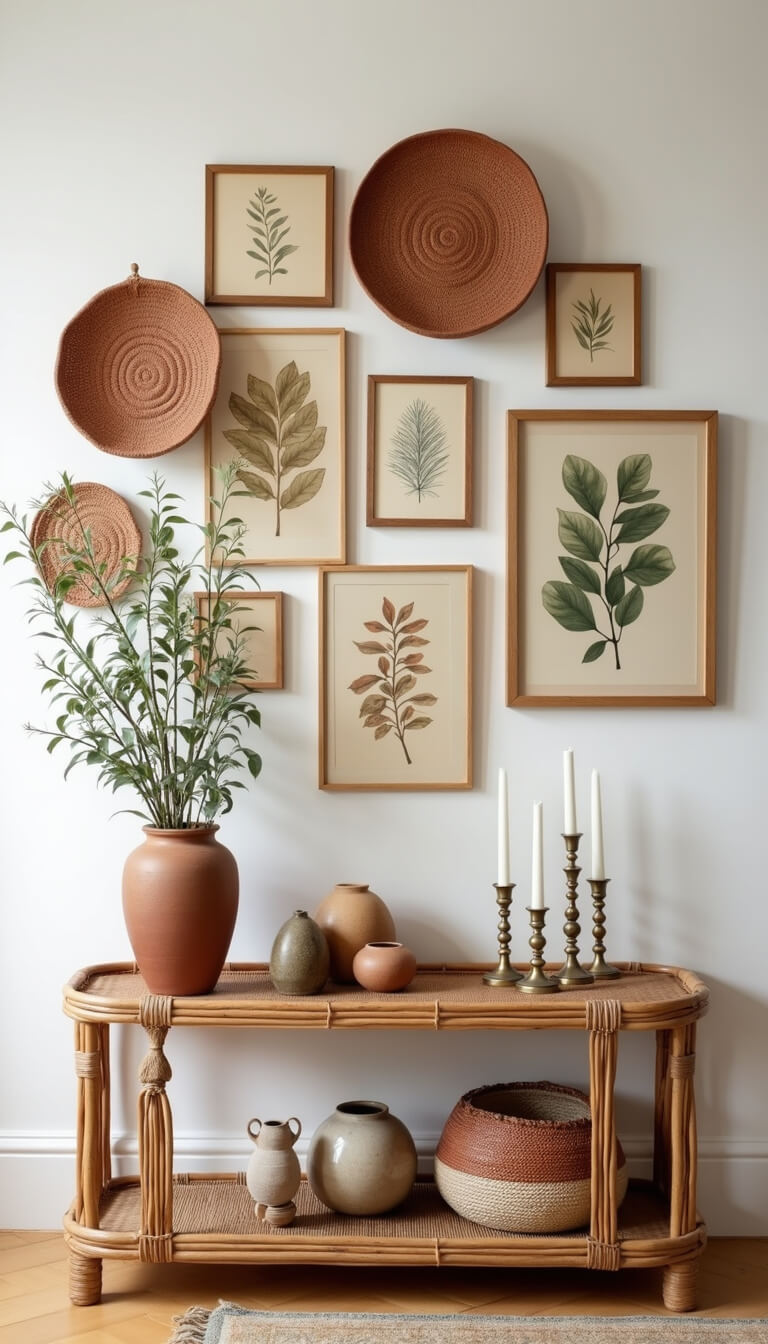 Gallery wall in 8ft space with vintage botanical prints, macramé, and woven platters in earth tones; rattan console below with ceramic vessels, brass candlesticks, and beaded decor.