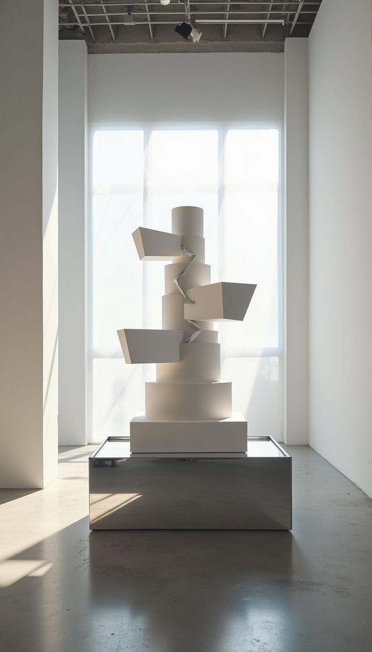 Modern 6-foot sculptural wedding cake with floating tiers on mirrored pedestal in dramatic gallery space with soaring white walls and directional lighting.