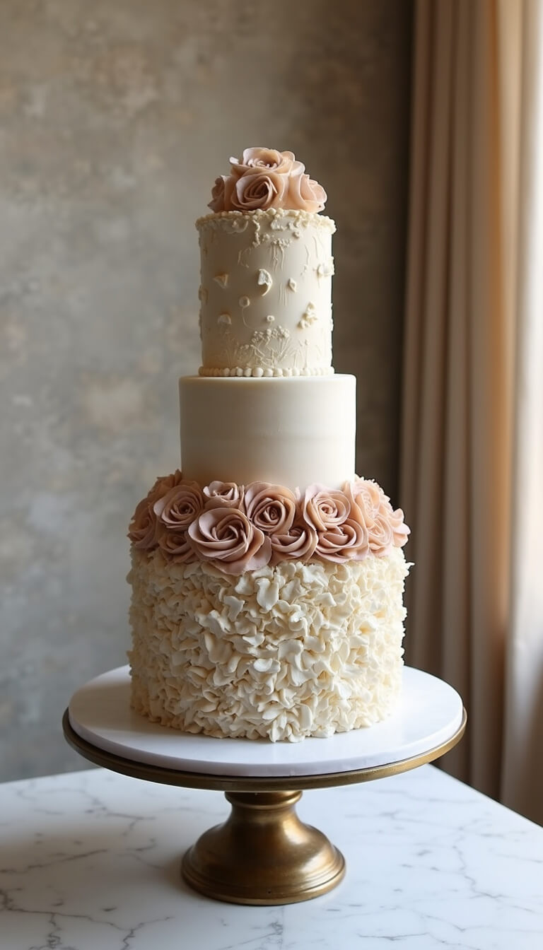 Three-tier textured cake on antique brass stand in sunlit studio with plaster walls and soft neutral tones.