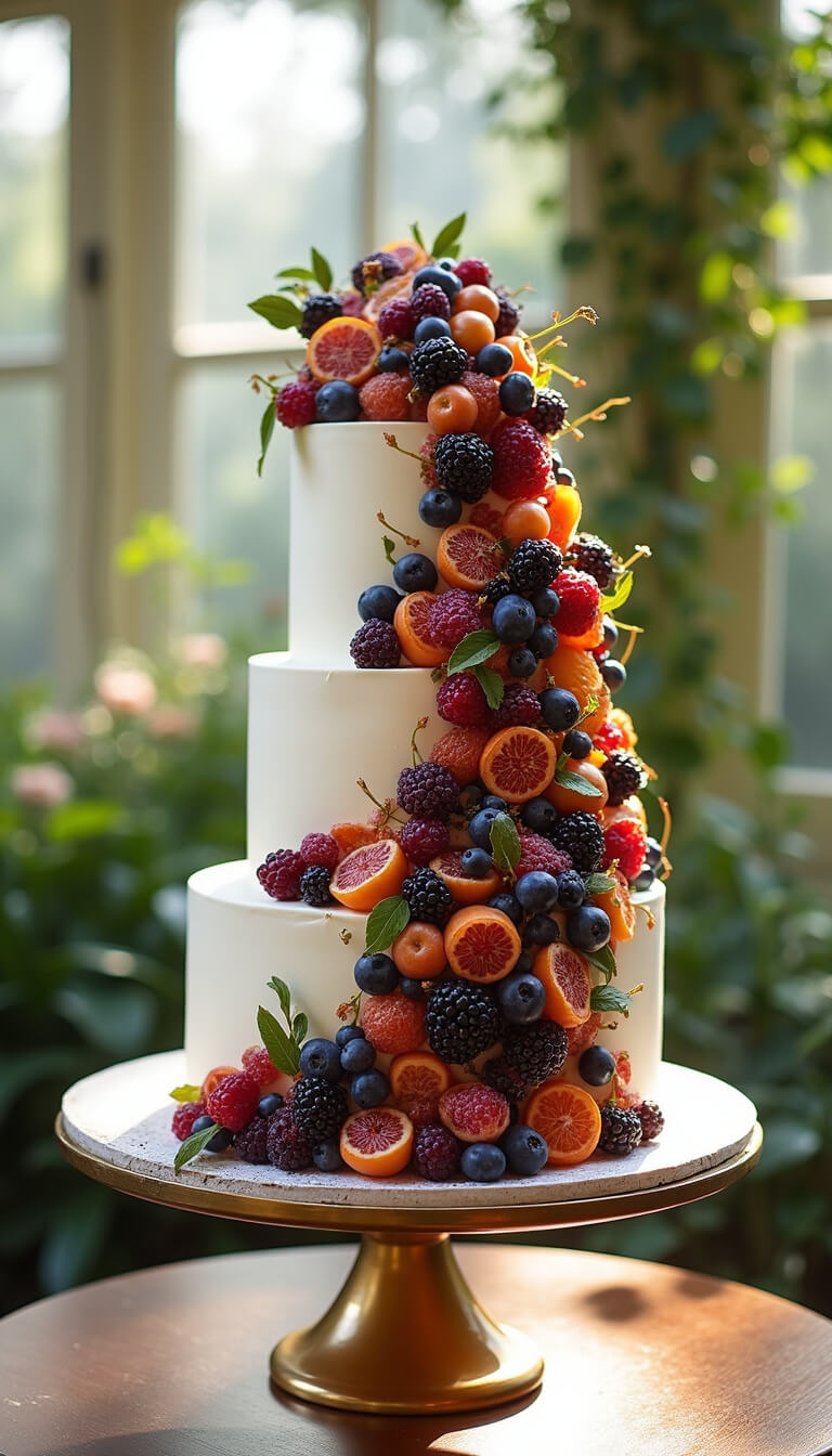 Three-tier white cake with cascading fresh berries, figs, and candied citrus in a sunlit conservatory with trailing plants and brass accents.