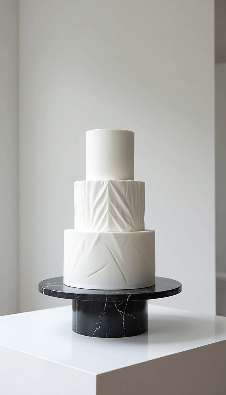 Minimalist modern studio with white geometric statement cake on black marble plinth, lit by soft afternoon light.