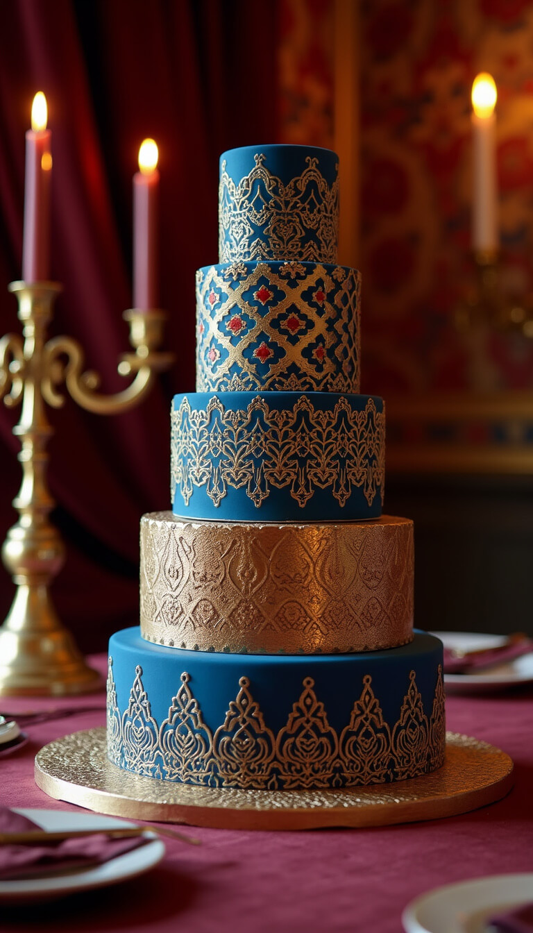 Ornate dining room with jewel-toned drapery, patterned four-tier cake featuring Moroccan, Japanese, and Indian designs in gold and blue, lit by vintage brass candelabras.