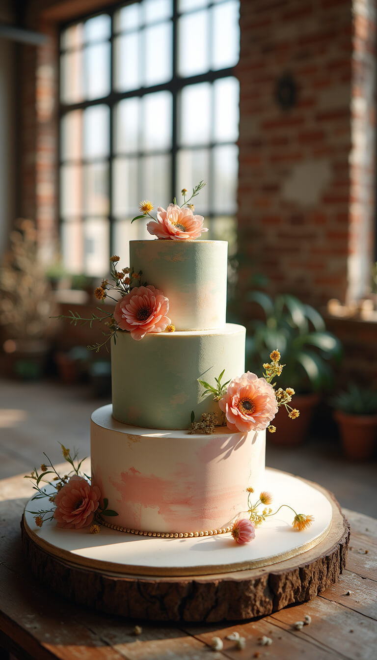 Three-tier watercolor-style cake in sage, dusty rose, and pale gold with edible flowers, displayed on antique painter's table in sunlit artist's loft with exposed brick and vintage decor.