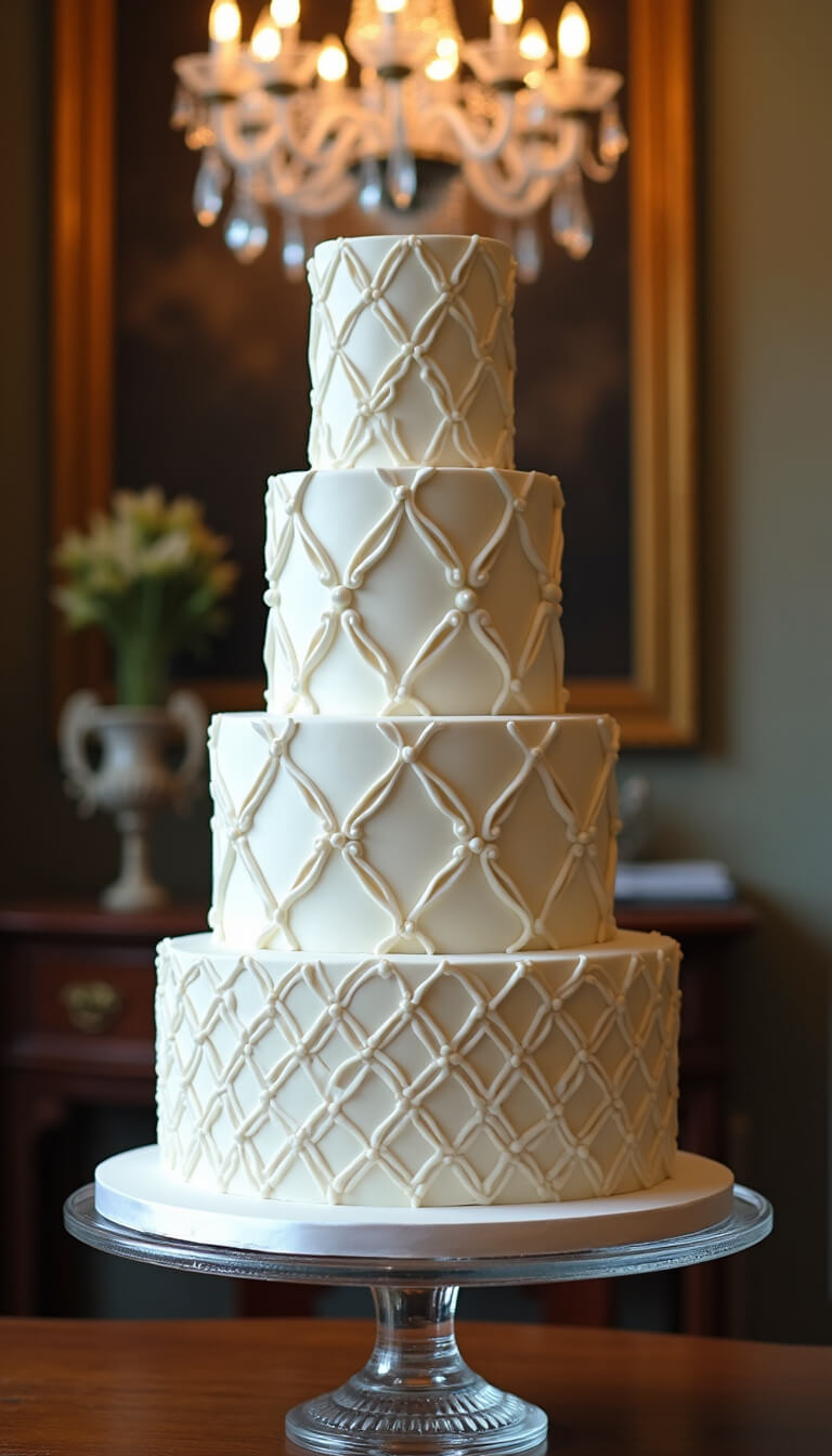 Victorian-style parlor featuring a four-tier white cake with Lambeth piping and modern geometric accents in pearl white and champagne gold, displayed on a mercury glass stand atop an antique sideboard, with a crystal chandelier overhead and dramatic lighting.