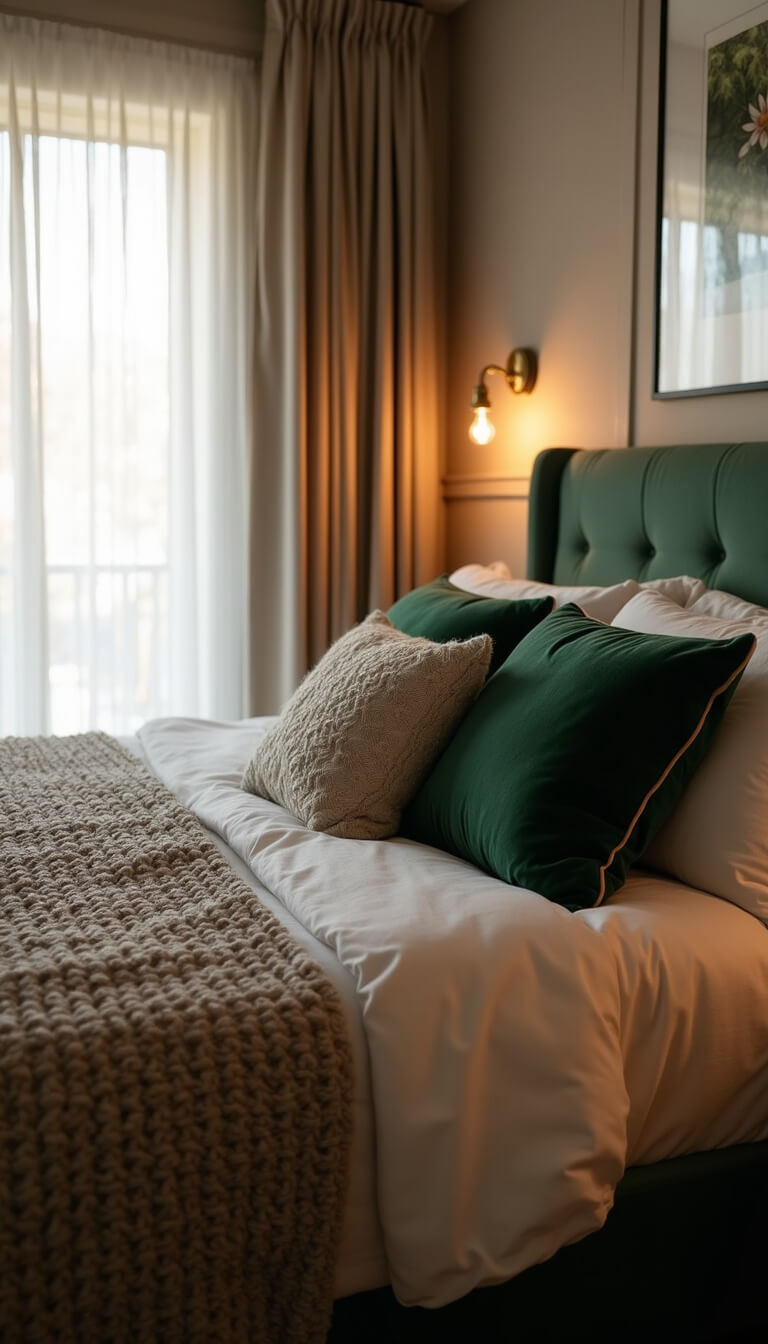 Cozy bedroom at dusk with olive green headboard, layered linens, and vintage brass sconces softly lit against warm greige walls.
