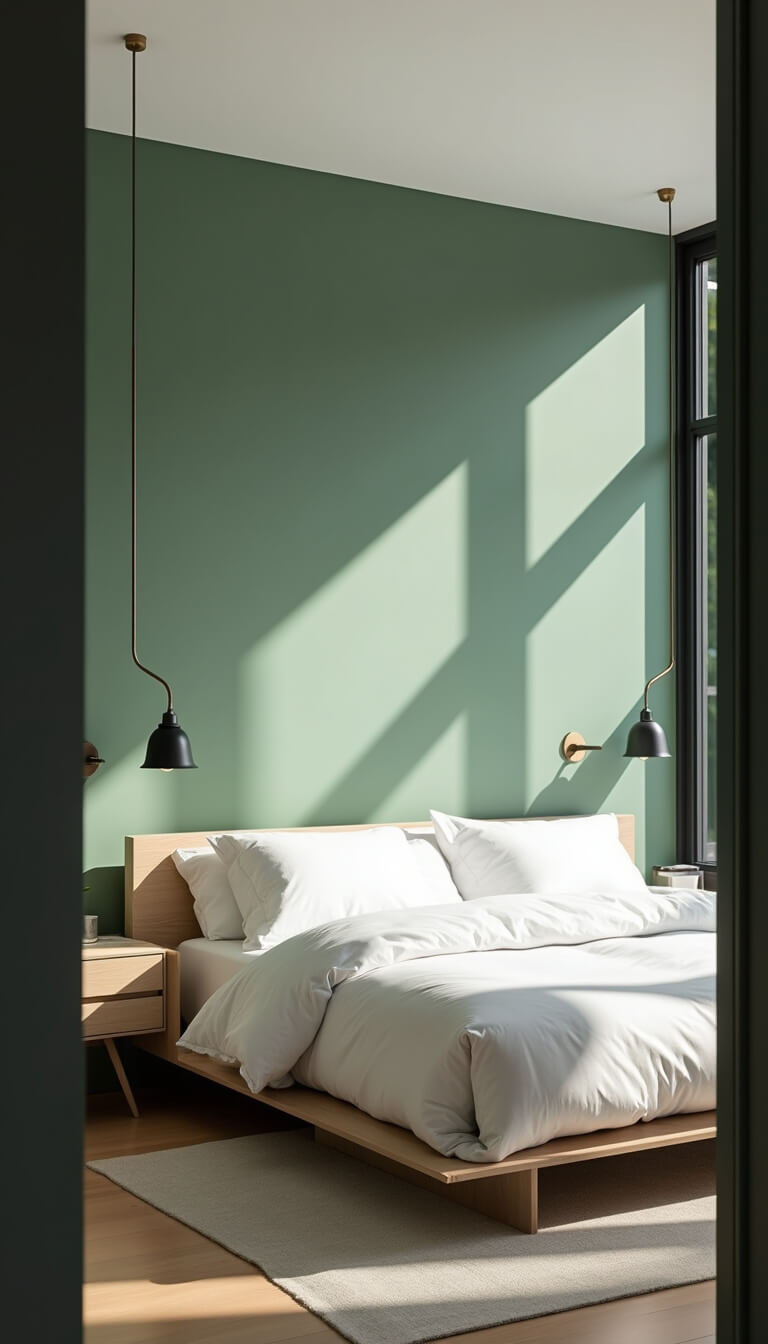 Modern minimalist bedroom with sage green accent wall, white bedding, black-framed windows casting geometric shadows, and black and brass pendant lights over light oak nightstands.