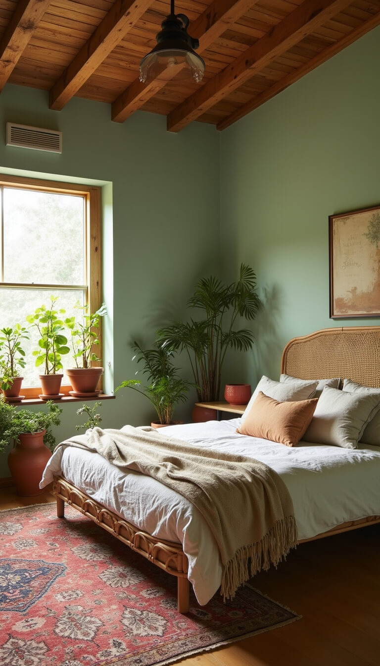 Boho-style bedroom with mint green walls, rattan bed, vintage Persian rug, indoor plants in terra cotta pots, and warm golden hour lighting.