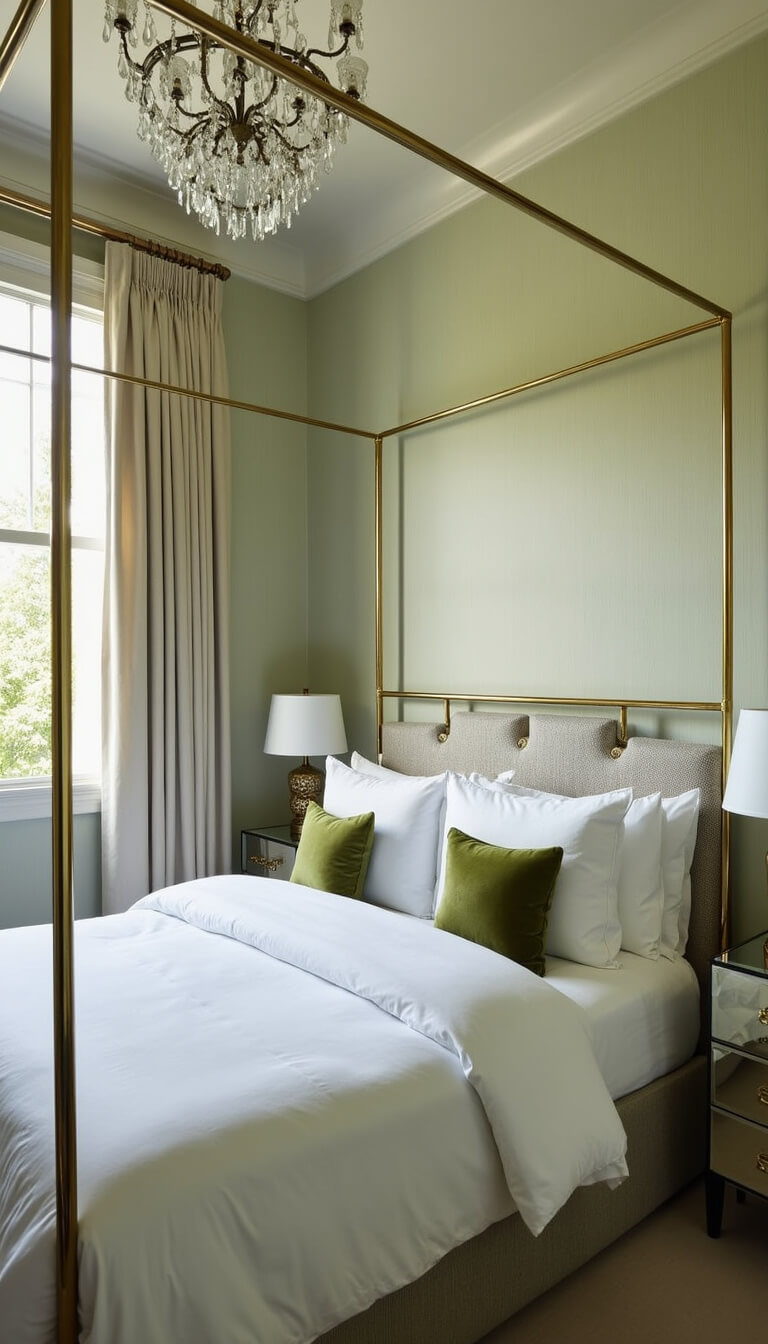 Luxurious small bedroom with brass canopy bed, pale sage grasscloth walls, mirrored nightstands, and crystal chandelier in soft, dreamy lighting.