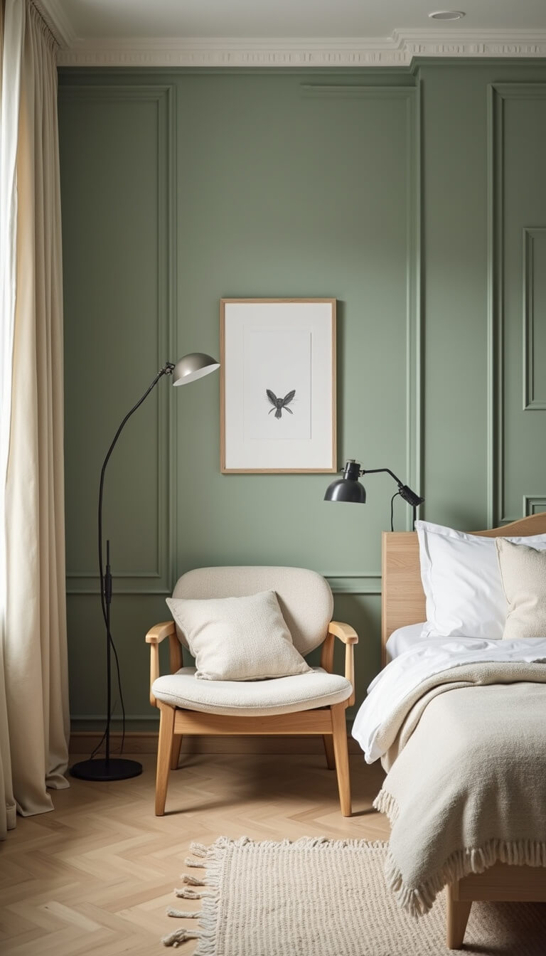 Scandinavian bedroom with sage green panel wall, light oak furniture, cream bouclé chair, arc lamp, and minimal line art gallery.