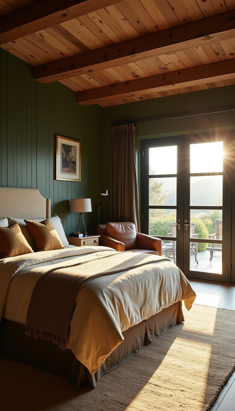 Rustic modern primary bedroom with olive green shiplap ceiling, earth-toned bedding, black steel-framed patio doors, and vintage leather reading nook lit by golden hour sunlight.